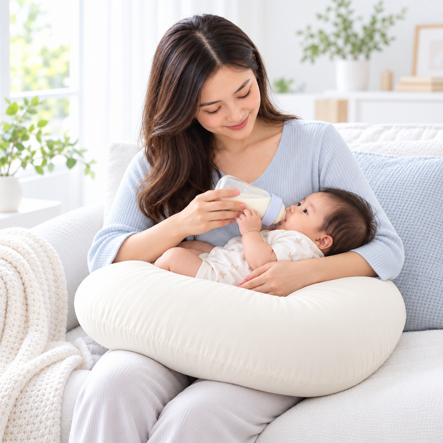 Parent feeding a baby supported by a cream Momicloud nursing pillow