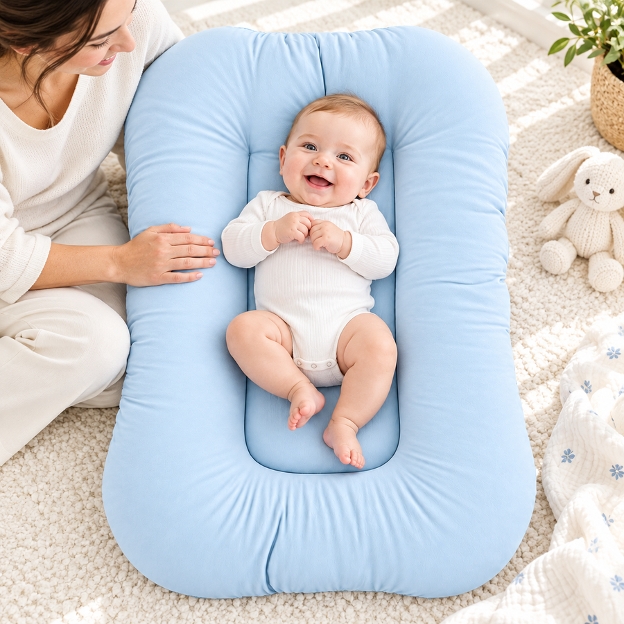 Baby awake in a blue RoomyNest Baby Lounger Nest with a parent nearby