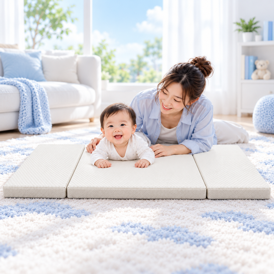 Baby on a three-panel Airy Cloud Mattress with a parent nearby