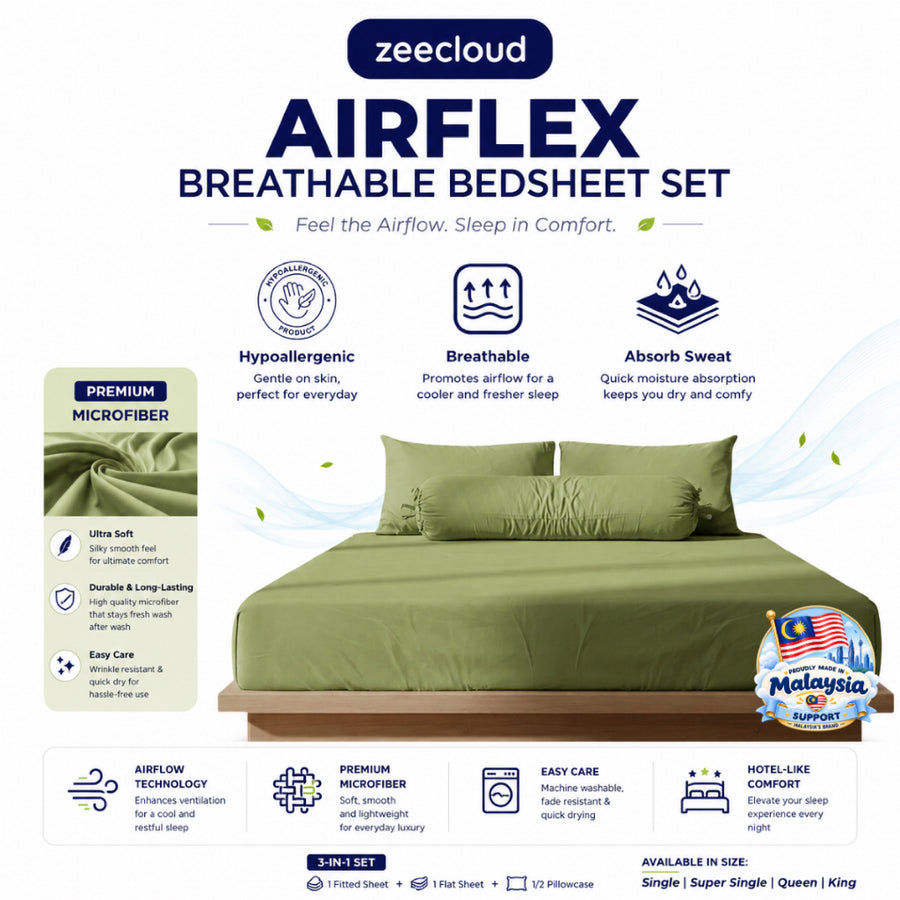 Green 3-in-1 Airflex Bedsheet Set displayed on a bed with matching pillows and bolster
