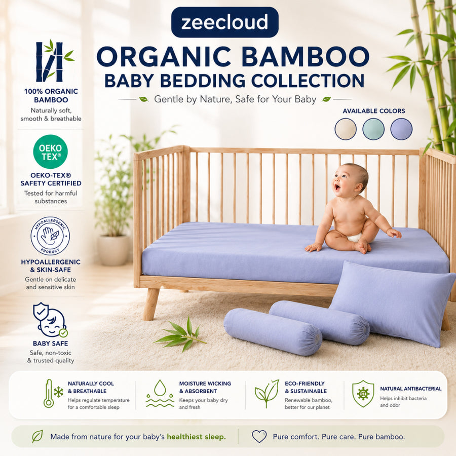 Lavender Baby Bamboo Bedding Collection displayed in a wooden cot with matching pillow and bolsters