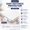 White quilted Baby Mattress Protector with corner elastic straps shown in an inset