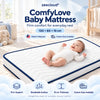 ComfyLove Baby Mattress with a white quilted cover and navy piping
