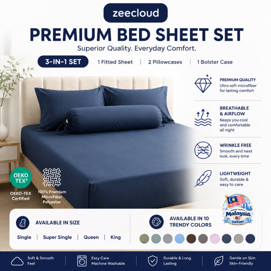 Navy Premium Bed Sheet Set displayed on a bed with matching pillows and bolster