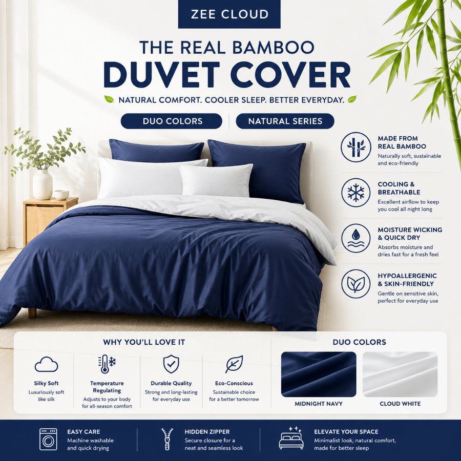 Real Bamboo Duvet Cover in navy and white displayed on a bed