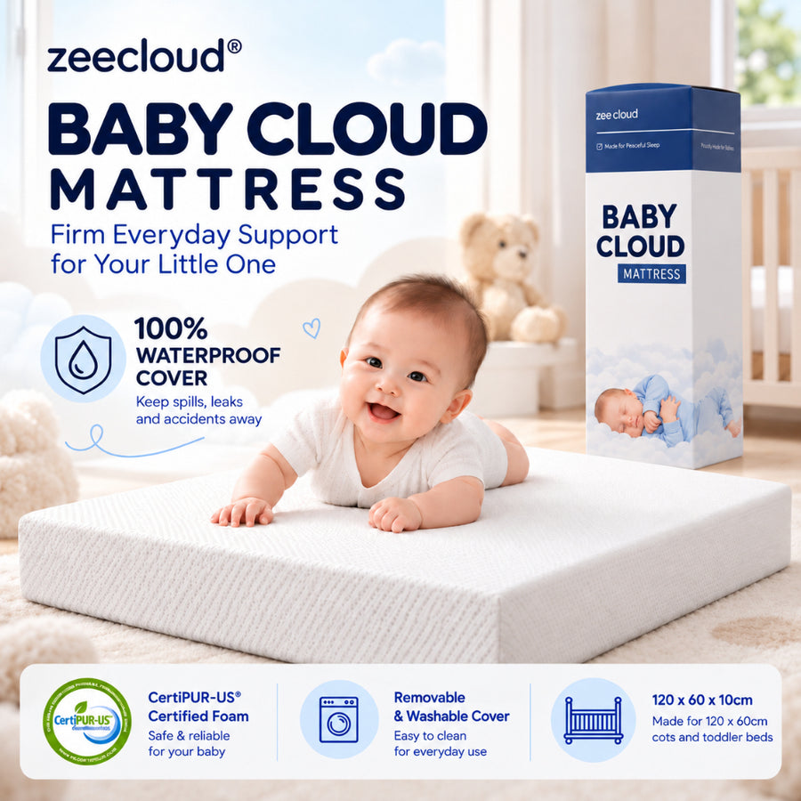 Baby Cloud Mattress with a baby lying on the white mattress beside its packaging