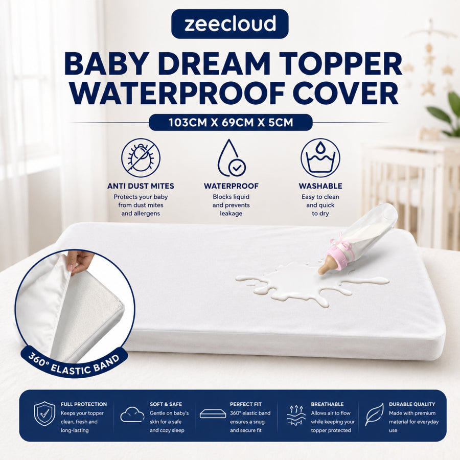 White Baby Dream Topper Waterproof Cover with an elasticated corner shown in an inset