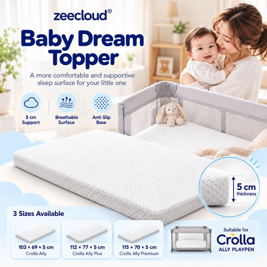 White Baby Dream Topper shown beside a playpen with three size options