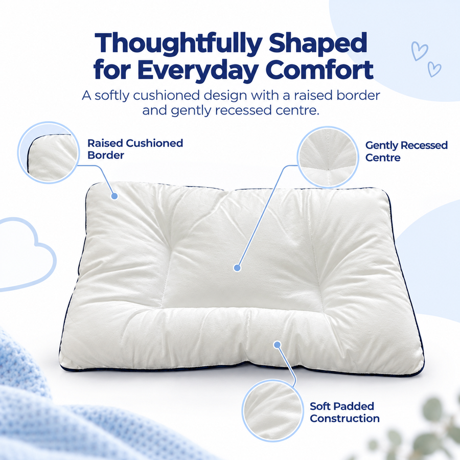 White baby pillow with a recessed centre and raised cushioned border