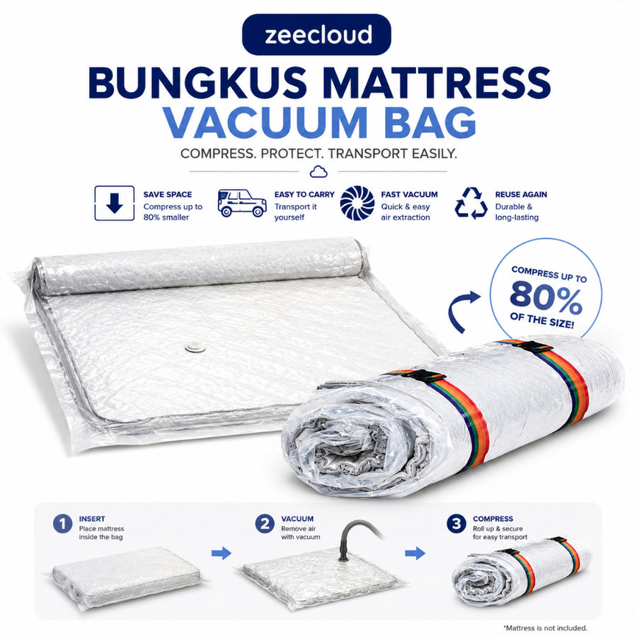 Bungkus Mattress Vacuum Bag shown with a rolled mattress and compression steps