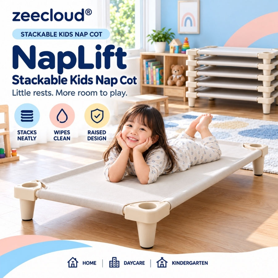 zeecloud NapLift Stackable Kids Nap Cot: child on beige cot beside a stack of cots