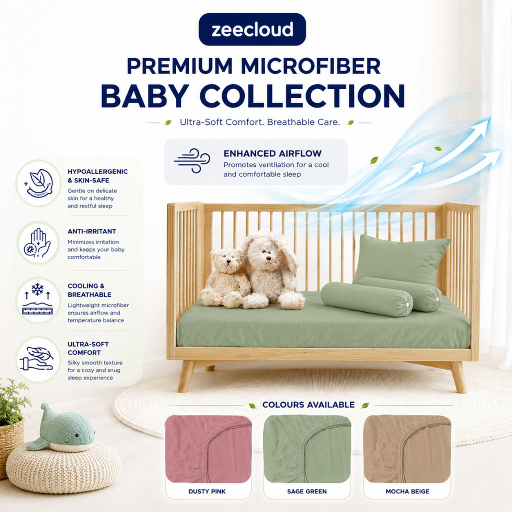 Green Premium Microfiber Baby Bedding displayed in a cot with pillow, bolsters and colour options