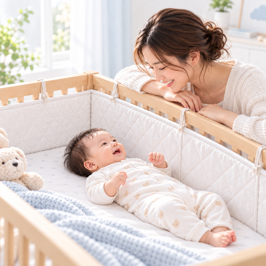 zeecloud Quilted Crib Bumper: parent beside baby in a wooden cot
