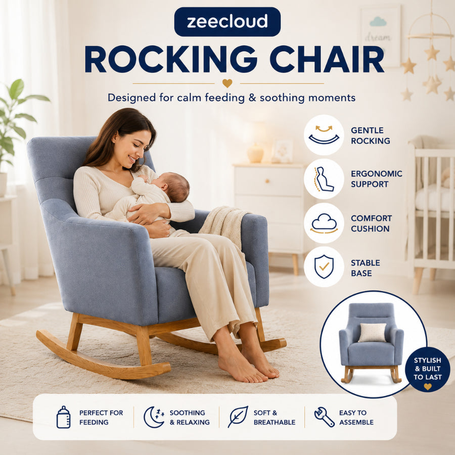 Blue upholstered rocking chair with wooden rockers and a parent holding a baby